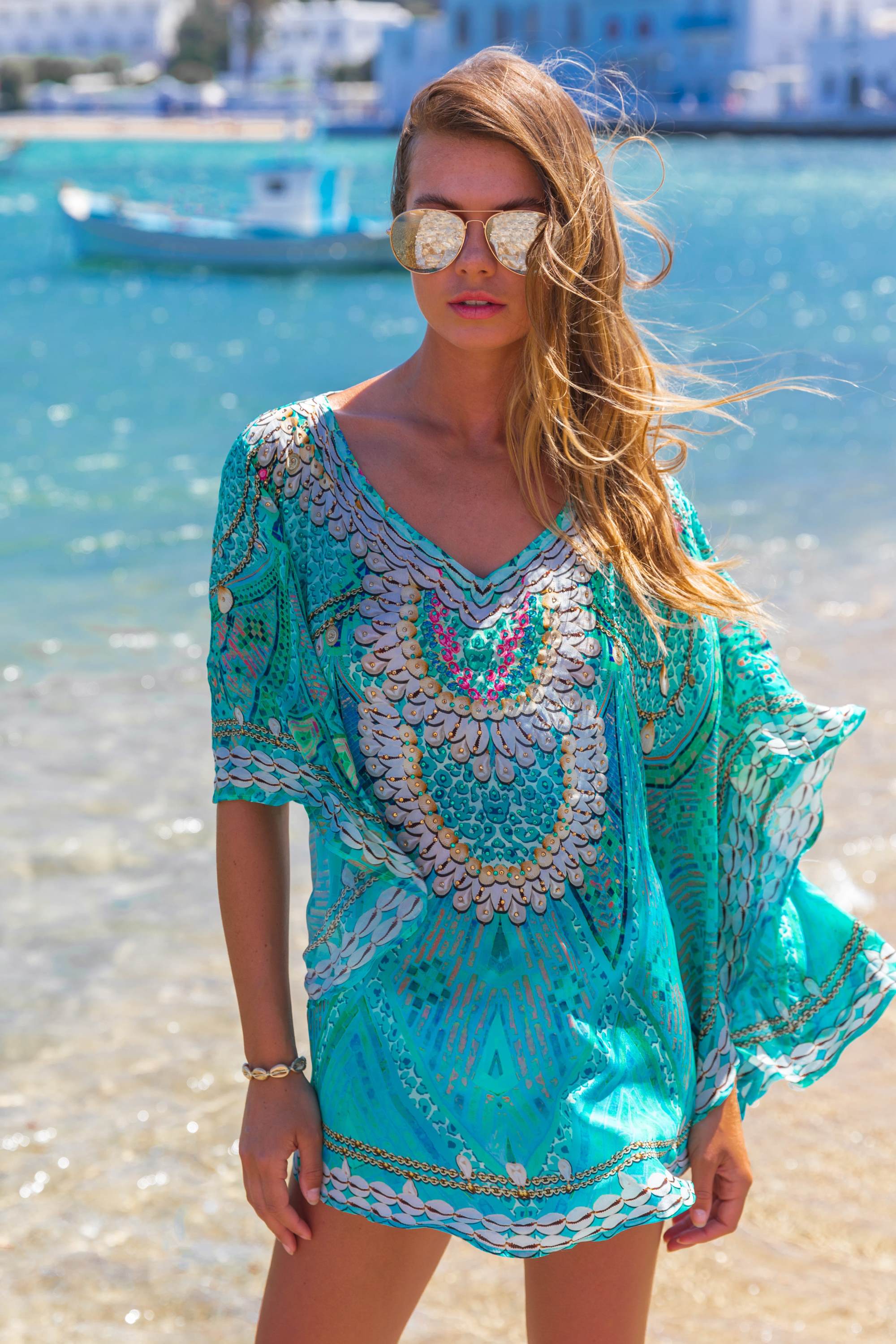 Aqua silk petite beach coverup by Lindsey Brown