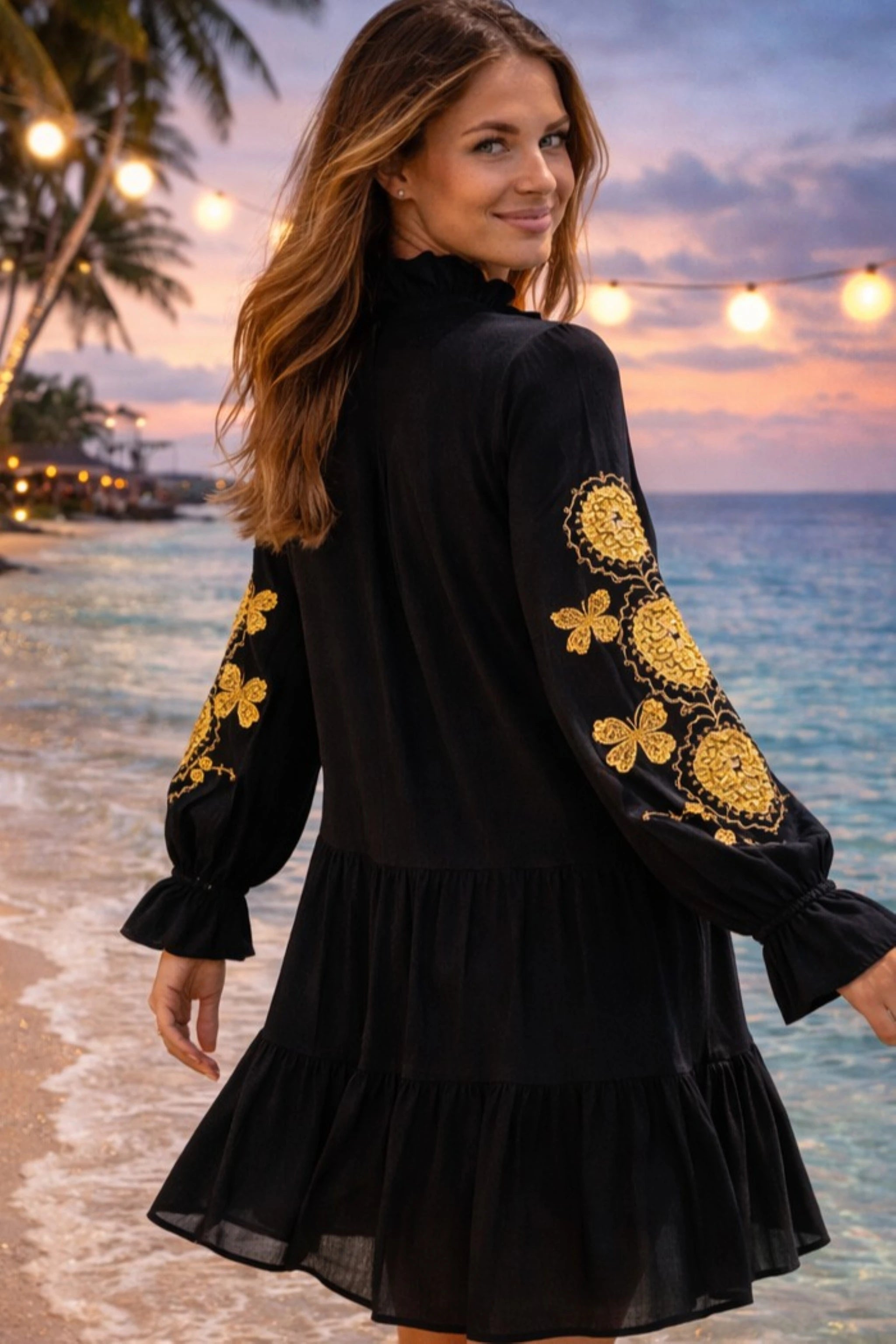 black cotton long sleeved beach dress 