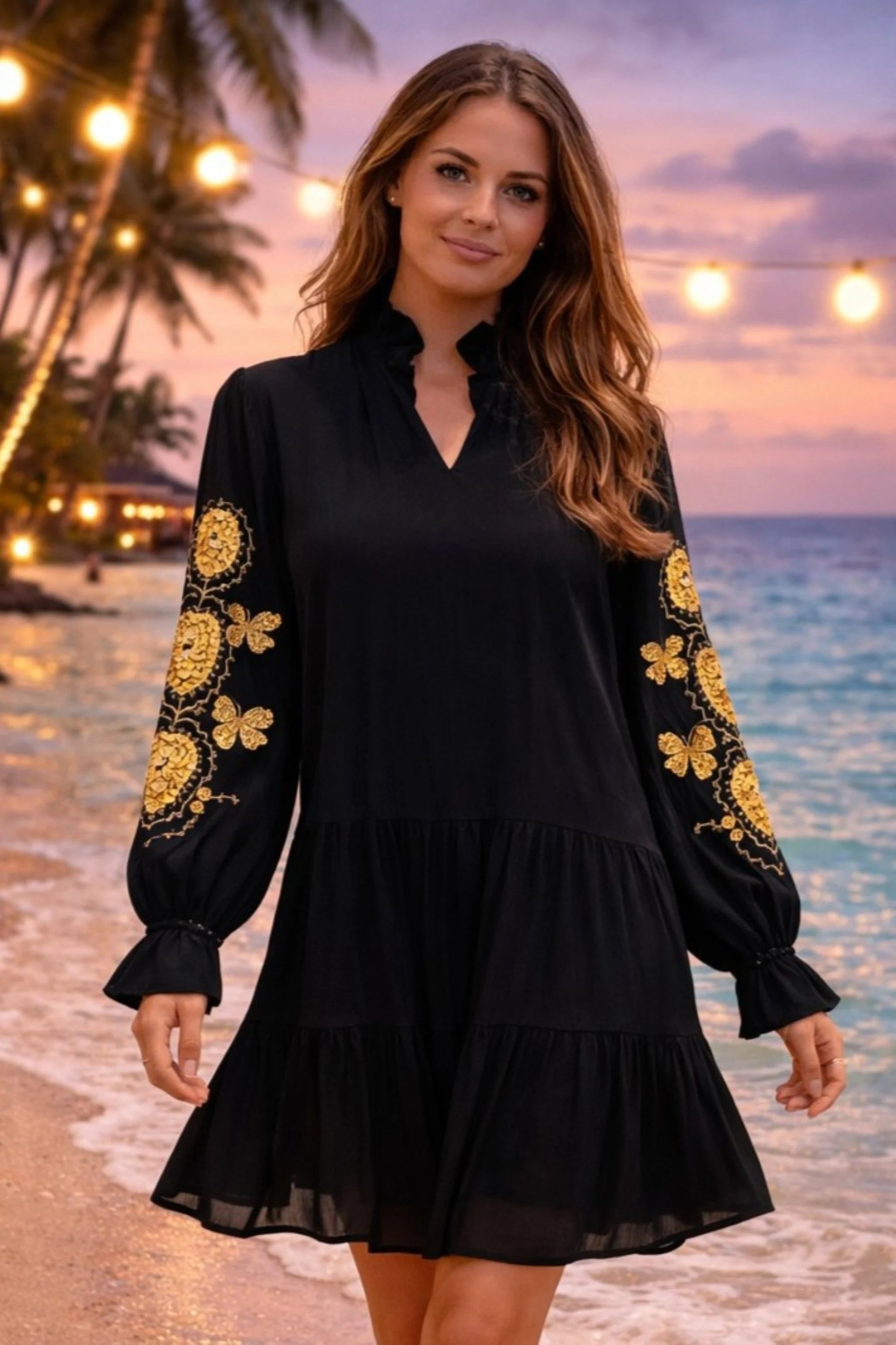black long sleeved cotton beach dress by lindsey brown resort wear 