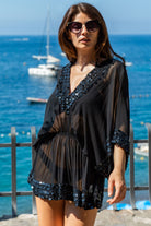 Black stunning silk kaftans to wear on holiday by Lindsey Brown 
