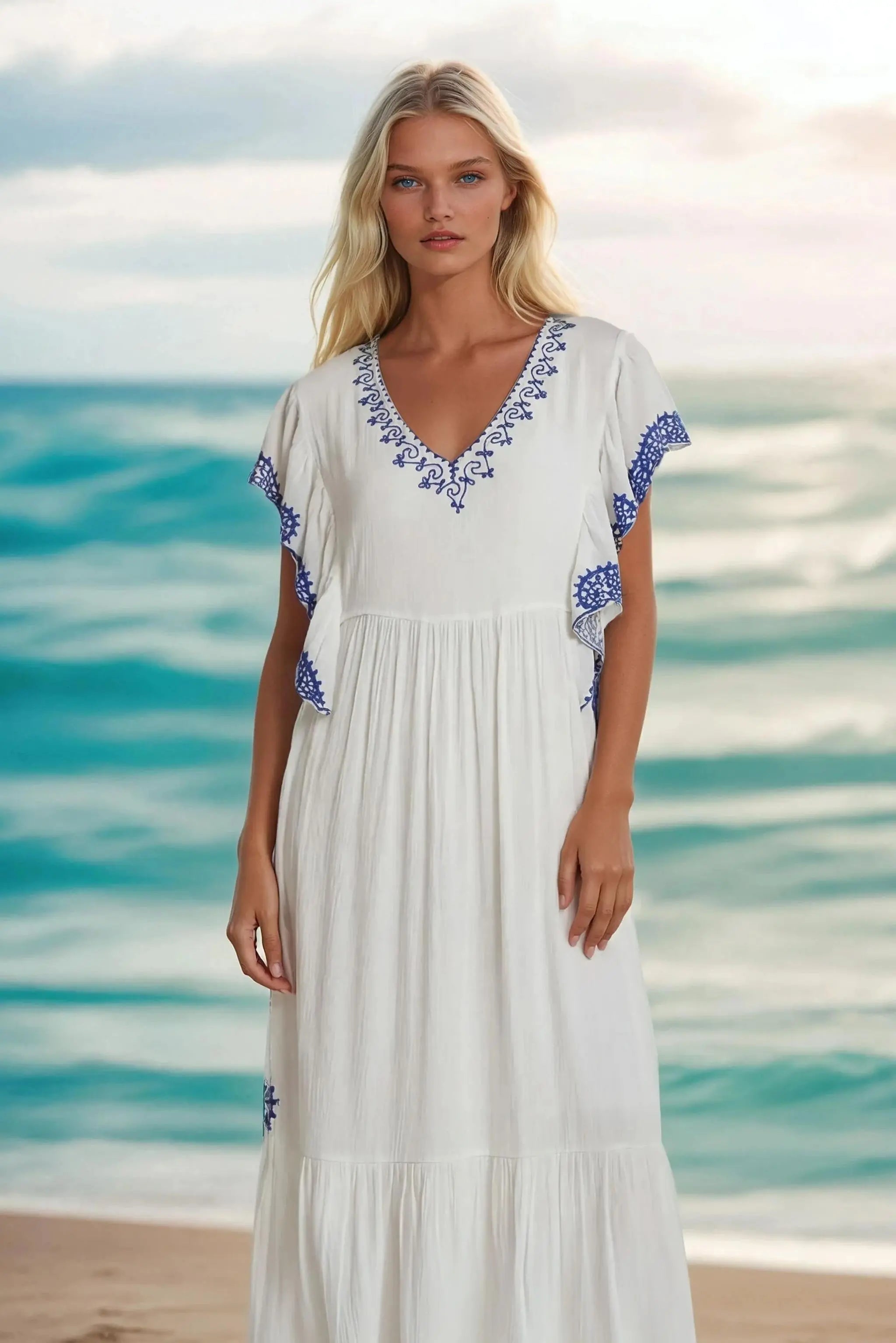 white cotton midi dresses with blue embroidery by Lindsey Brown