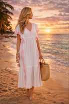 white midi maxi cotton beach dress with pink embroidery to wear on a Caribbean Cruise 