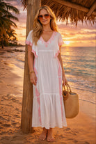 white midi  cotton beach dress with pink embroidery